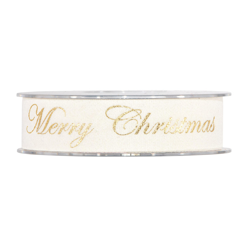 Nastro in velluto bianco con scritta Merry Christmas in oro.