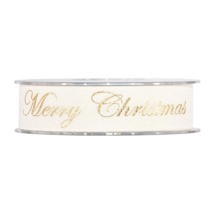Nastro in velluto bianco con scritta Merry Christmas in oro.