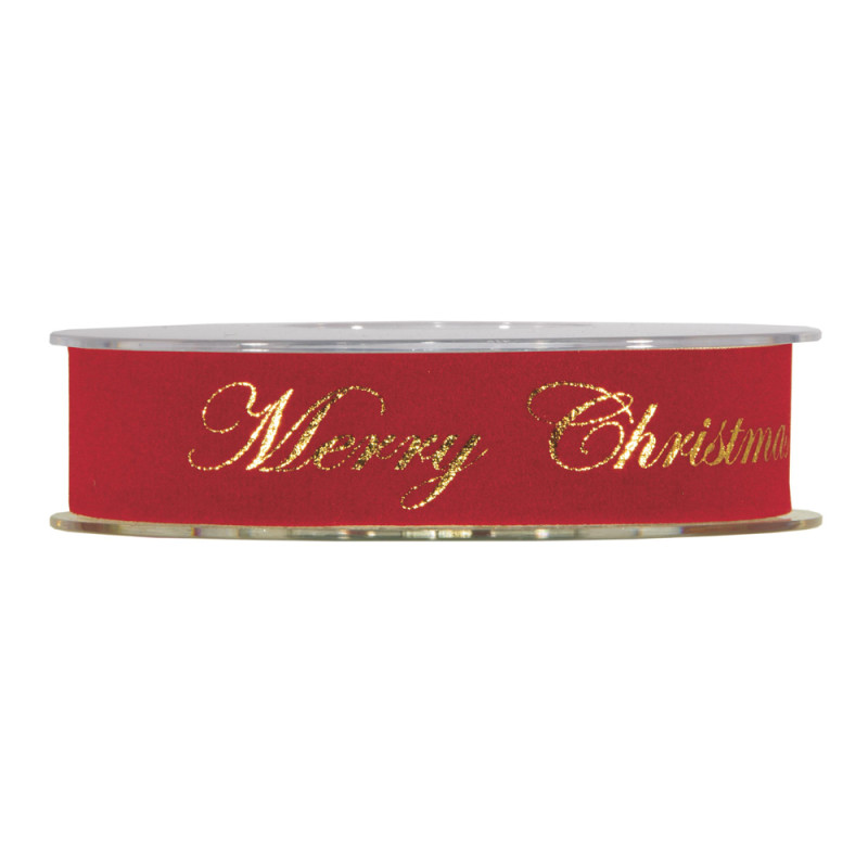 Nastro in velluto rosso con scritta Merry Christmas in oro.