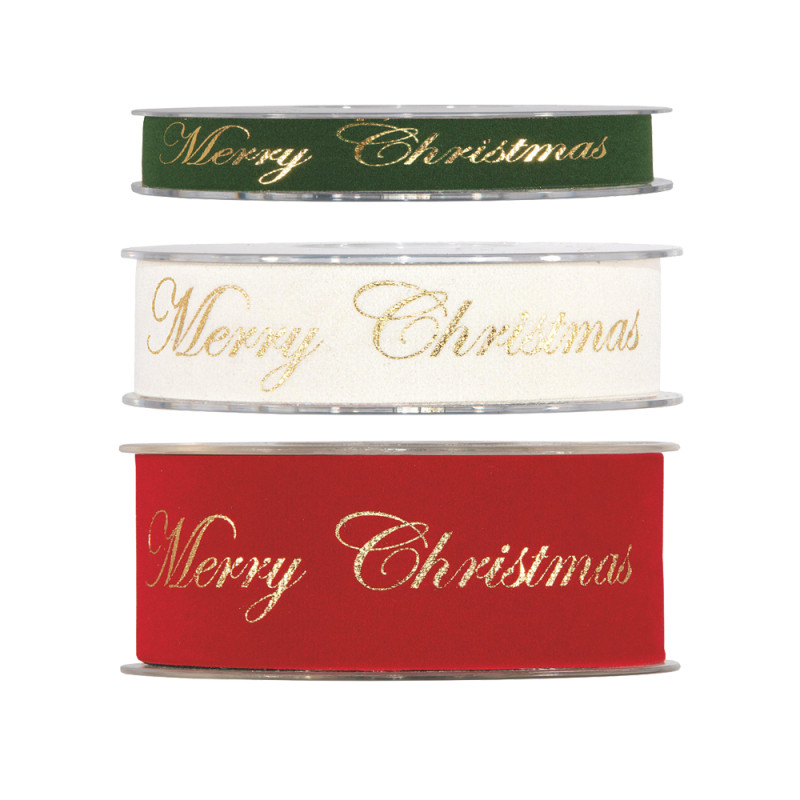 Nastro in velluto con scritta Merry Christmas in oro. Disponibile in più colori e altezze