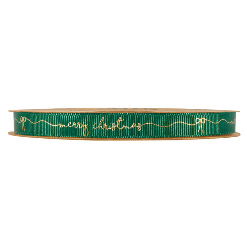 Nastro Gros Grain verde con stampa Merry Christmas Oro