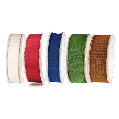 Nastro in raso con bordo in oro animato, disponibile in diversi colori in due altezze