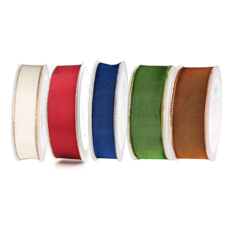 Nastro in raso con bordo in oro animato, disponibile in diversi colori in due altezze