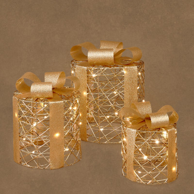 PACCO REGALO LUMINOSO CHAMPAGNE CON FIOCCO ORO 65 LED (3 PEZZI)
