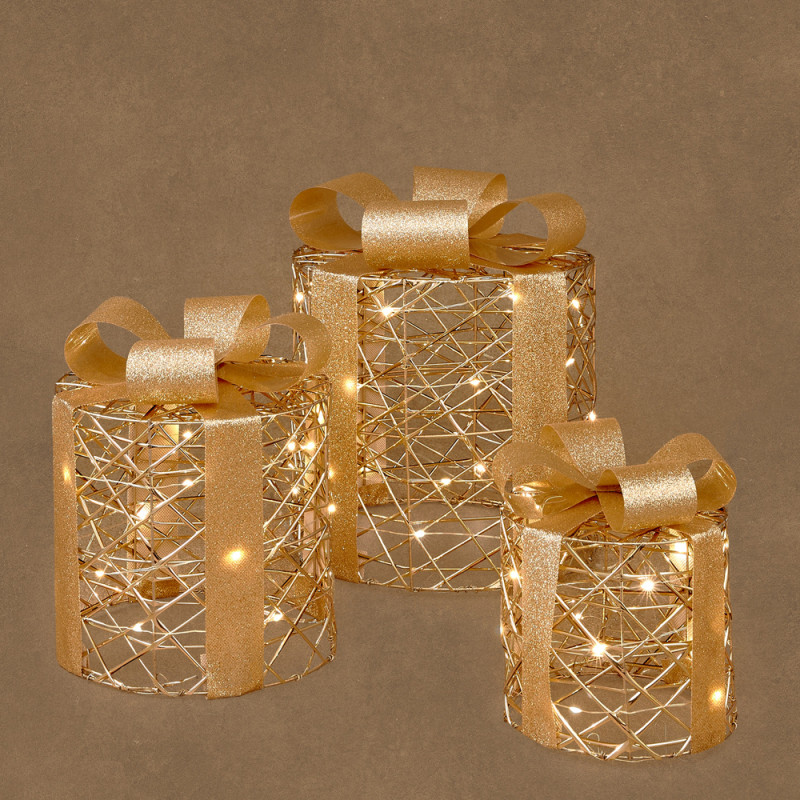 PACCO REGALO LUMINOSO CHAMPAGNE CON FIOCCO ORO 65 LED (3 PEZZI)