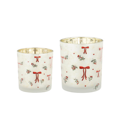 PORTA TEALIGHT IN VETRO CON FIOCCHI ROSSI