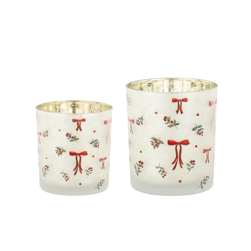 PORTA TEALIGHT IN VETRO CON FIOCCHI ROSSI