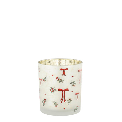 PORTA TEALIGHT IN VETRO CON FIOCCHI ROSSI 2