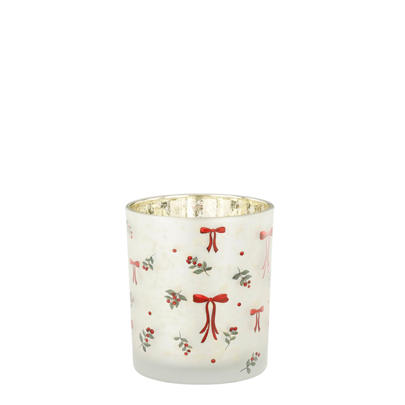 PORTA TEALIGHT IN VETRO CON FIOCCHI ROSSI