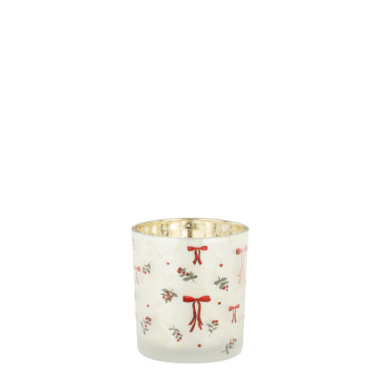 PORTA TEALIGHT IN VETRO CON FIOCCHI ROSSI