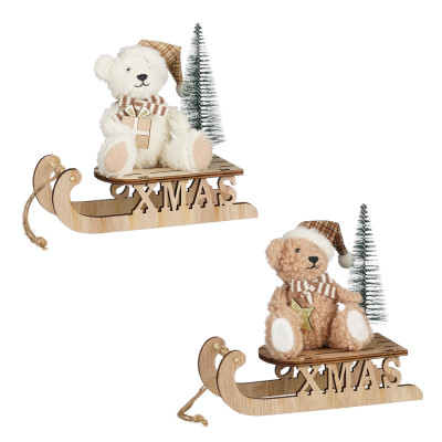 PENDENTE IN LEGNO ORSETTO SU SLITTA 18CM