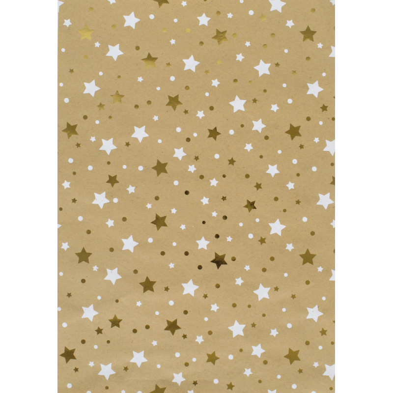 Carta Regalo Natalizia Stelle Oro e Bianco su Kraft. Incartare