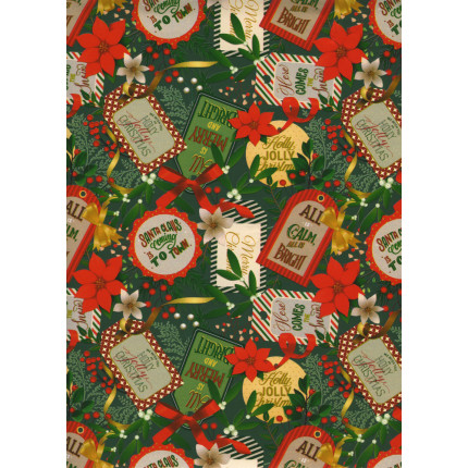 Carta Regalo Natalizia Verde con Cartigli e Stelle di Natale. Incartare