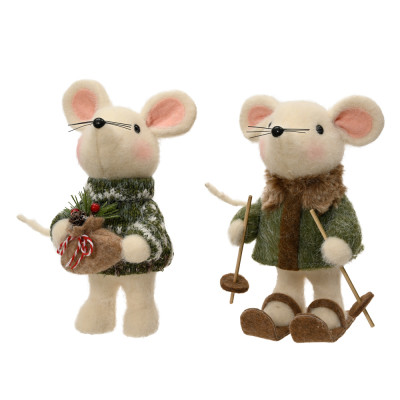 TOPOLINO DECORATIVO IN LANA COTTA CON SCI E BORSETTA 23CM