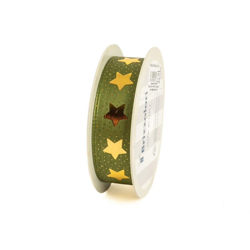 Nastro Tessuto verde con Stelle Oro