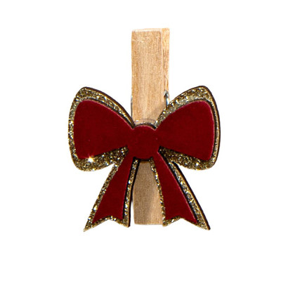 Molletta in Legno con Fiocco Bordeaux (6 Pezzi)