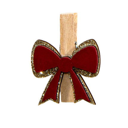 Molletta in Legno con Fiocco Bordeaux (6 Pezzi)