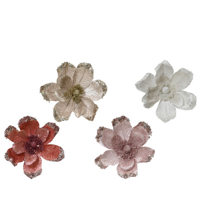 MAGNOLIA DECORATIVA IN VELLUTO CON GLITTER E CLIP 20CM