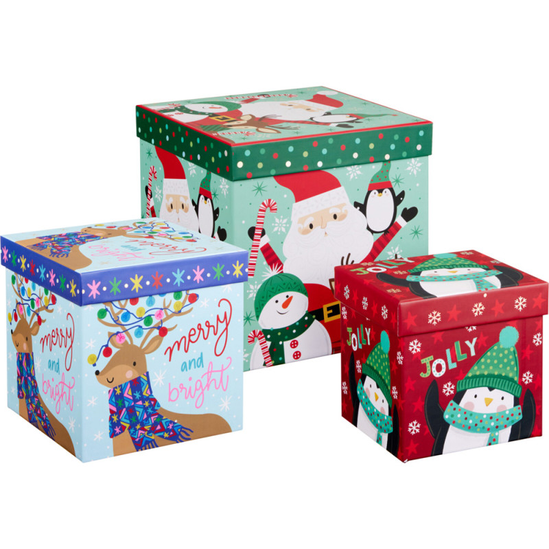 SCATOLE REGALO QUADRATE CON PERSONAGGI NATALIZI (3 PEZZI)