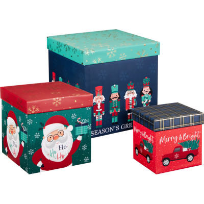  SCATOLE QUADRATE IN CARTONCINO CON FANTASIA NATALE TRADIZIONALE (3 PEZZ