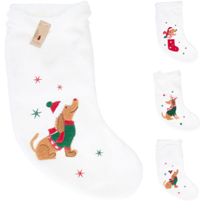 CALZA DI NATALE IN TESSUTO TEDDY CON BASSOTTO 40CM