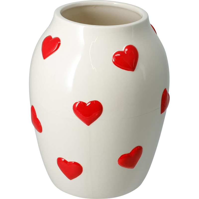VASO IN CERAMICA BIANCO CON CUORI ROSSI 18CM