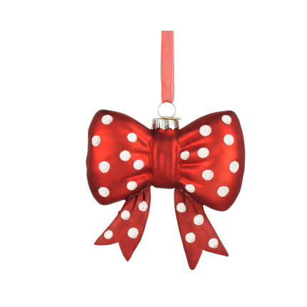 FIOCCO ROSSO IN VETRO PENDENTE CON POIS BIANCHI 9,5CM