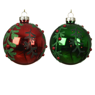 PALLA PER ALBERO DI NATALE LUCIDA CON FOGLIE VERDI 8CM