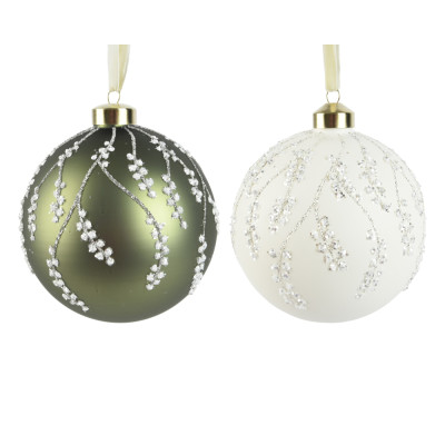 PALLINA DI NATALE IN VETRO CON DECORI RAMI BIANCHI 2