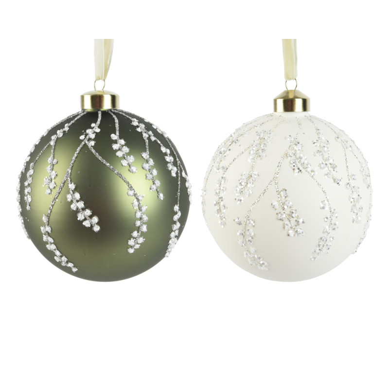 PALLINA DI NATALE IN VETRO CON DECORI RAMI BIANCHI