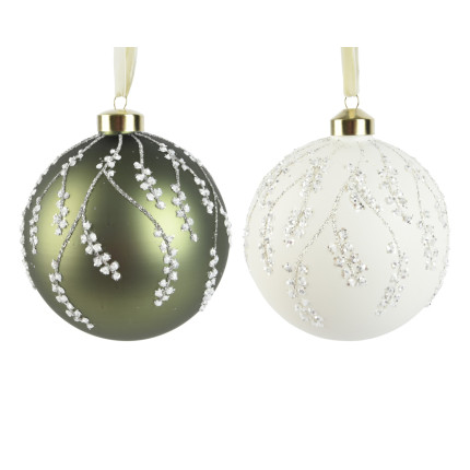 PALLINA DI NATALE IN VETRO CON DECORI RAMI BIANCHI