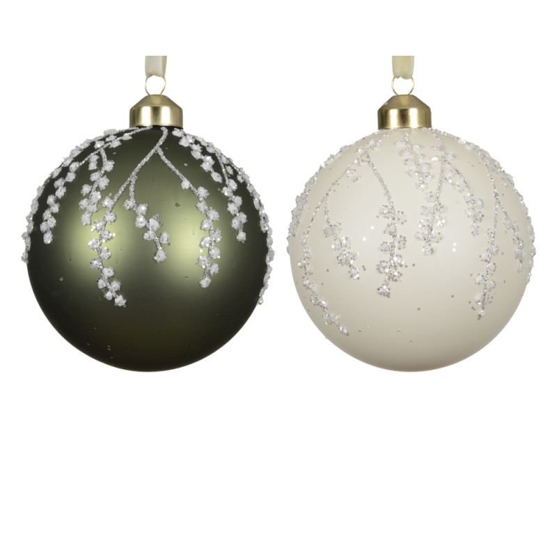 PALLINA DI NATALE IN VETRO CON DECORI RAMI BIANCHI