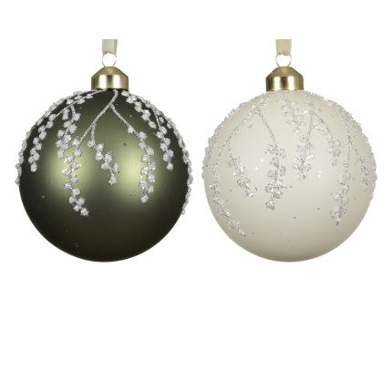 PALLINA DI NATALE IN VETRO CON DECORI RAMI BIANCHI