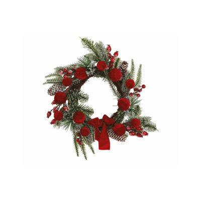 CORONA DI PINO CON BACCHE E SFERE IN VELLUTO 39CM