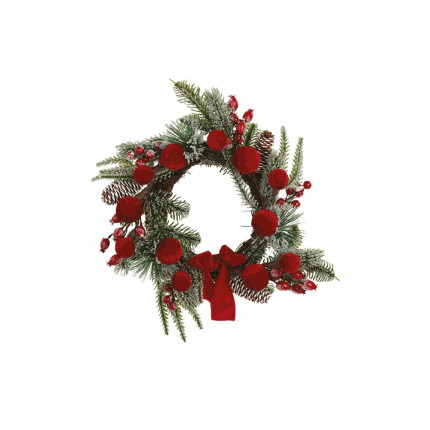 CORONA DI PINO CON BACCHE E SFERE IN VELLUTO 39CM