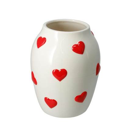 Vaso In Ceramica Bianco Con Cuori Rossi 18cm