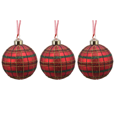 Palla Di Natale In Vetro Scozzese Con Glitter 8cm (3 Pezzi)