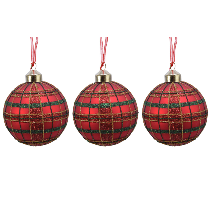 Palla Di Natale In Vetro Scozzese Con Glitter 8cm (3 Pezzi)