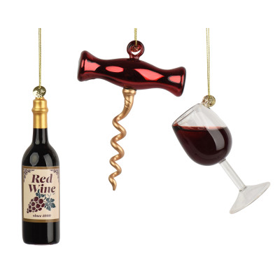 Set 3 Decorazioni Da Albero Tema Vino In Vetro 13,8cm 2